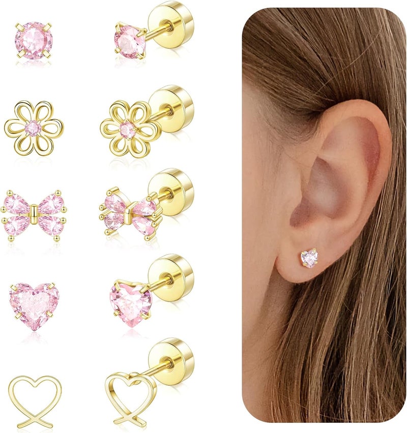 DALI Hypoallergenic Earrings for Girls,Toddler Screw Back Earrings for Kids Baby Women,Lightweight Surgical Steel Cute Pink Bow Butterfly Heart Flower CZ Flat Back Stud Earring for Sensitive Ears - Image 1